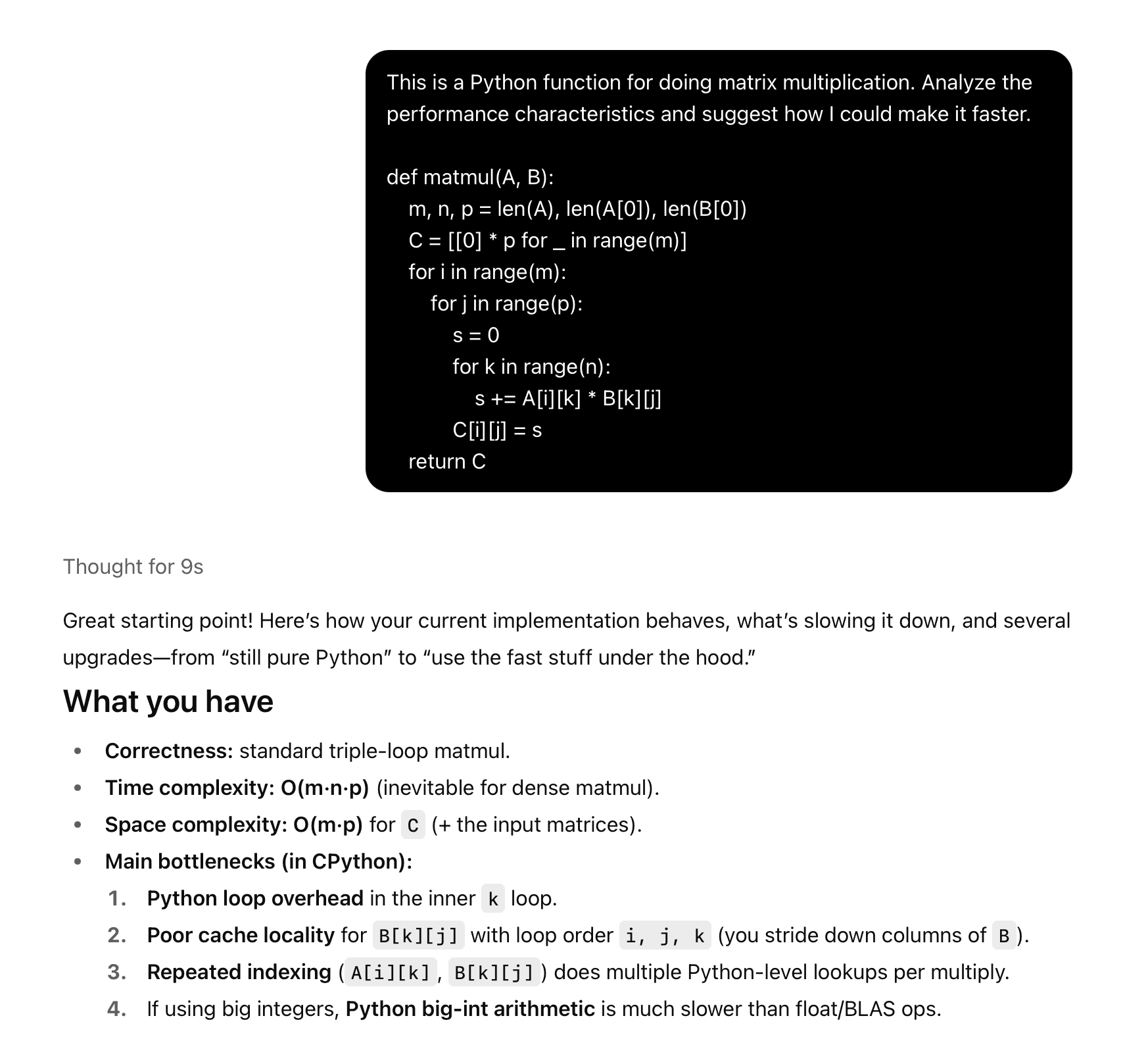 GPT-5 analyzing the performance of some Python matmul code